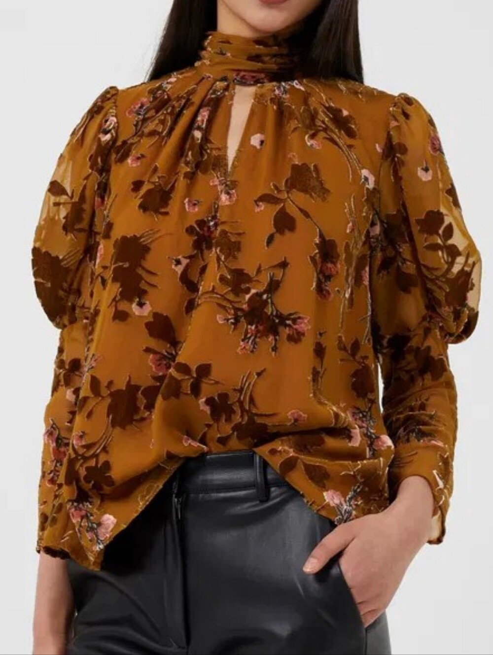 French Connection Guthern Burnout Top Floral Print Size M Golden Mustard Pink
